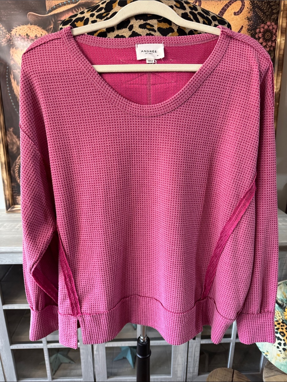 Andree Hot Pink Waffle Knit Crewneck Sweater Sz M